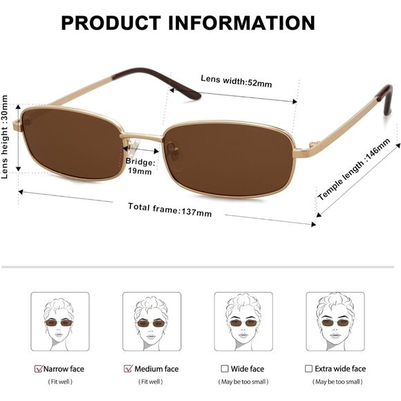 ✨Women\'s Brown Small Narrow Rectangle Retro 80s 90s Skinny Sunnies Sunglasses